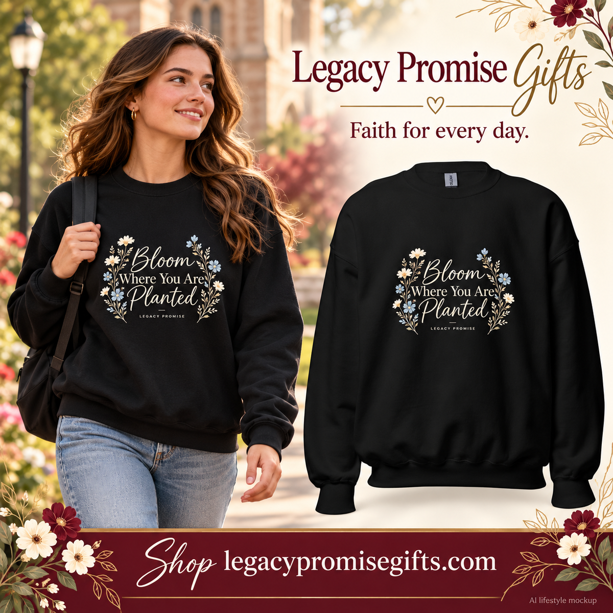 AI lifestyle mockup beside matching Bloom Where You Are Planted — Botanical Crewneck product photo