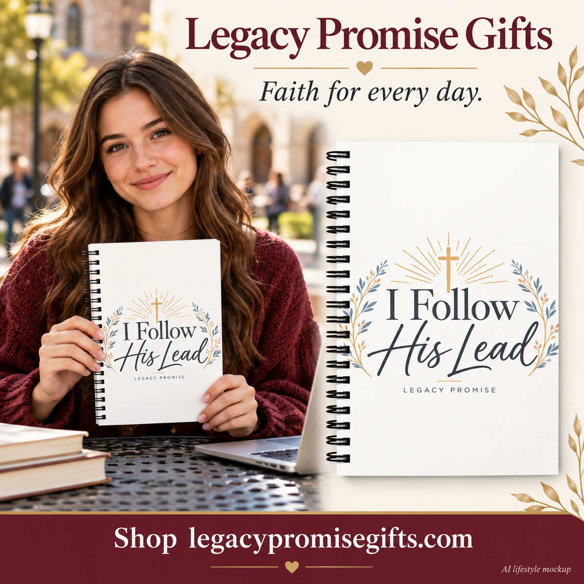 AI lifestyle mockup beside matching I Follow His Lead — Dotted Journal product photo