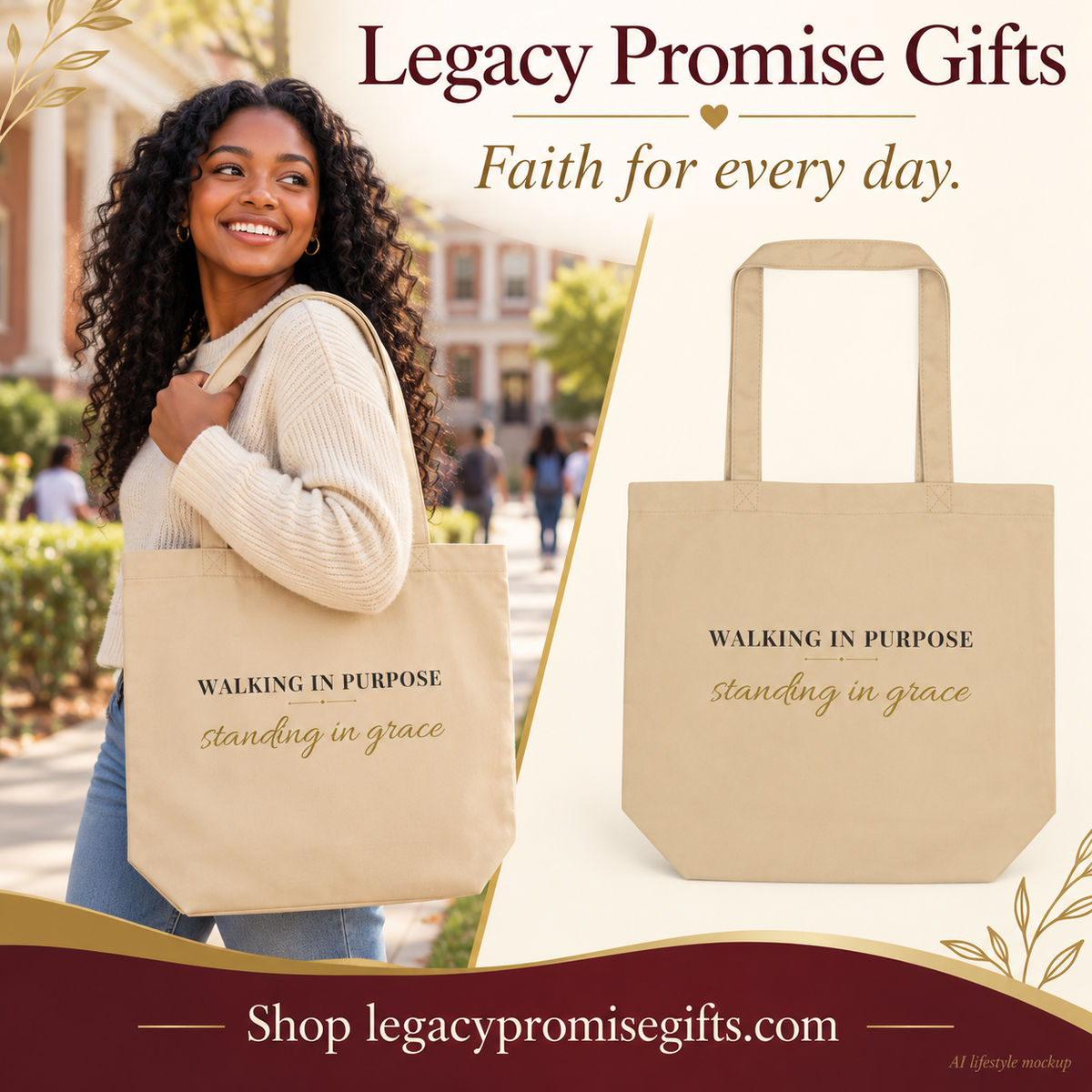 AI lifestyle mockup beside matching Walking in Purpose Standing in Grace Eco Tote product photo
