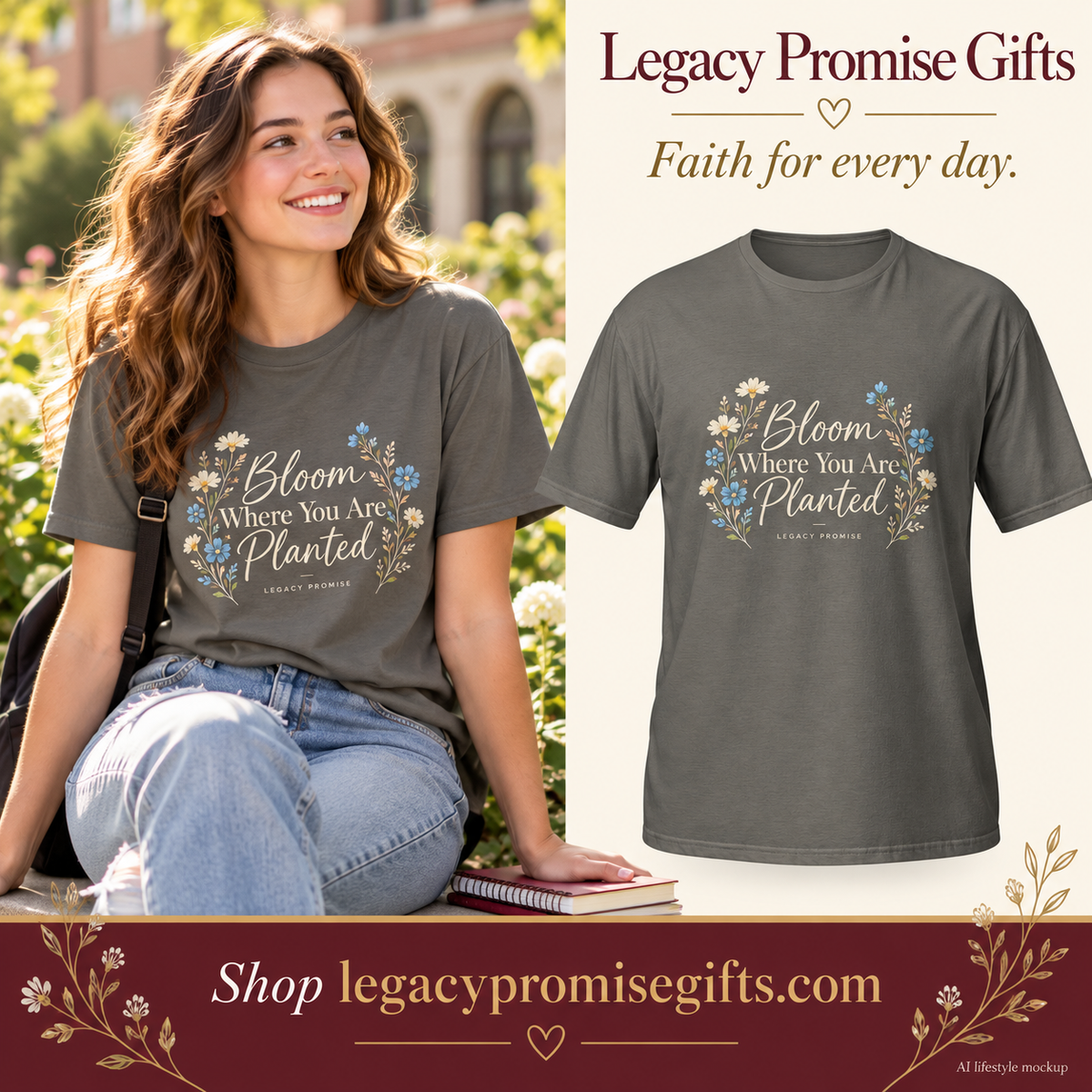 AI lifestyle mockup beside matching Bloom Where You Are Planted — Botanical Tee product photo
