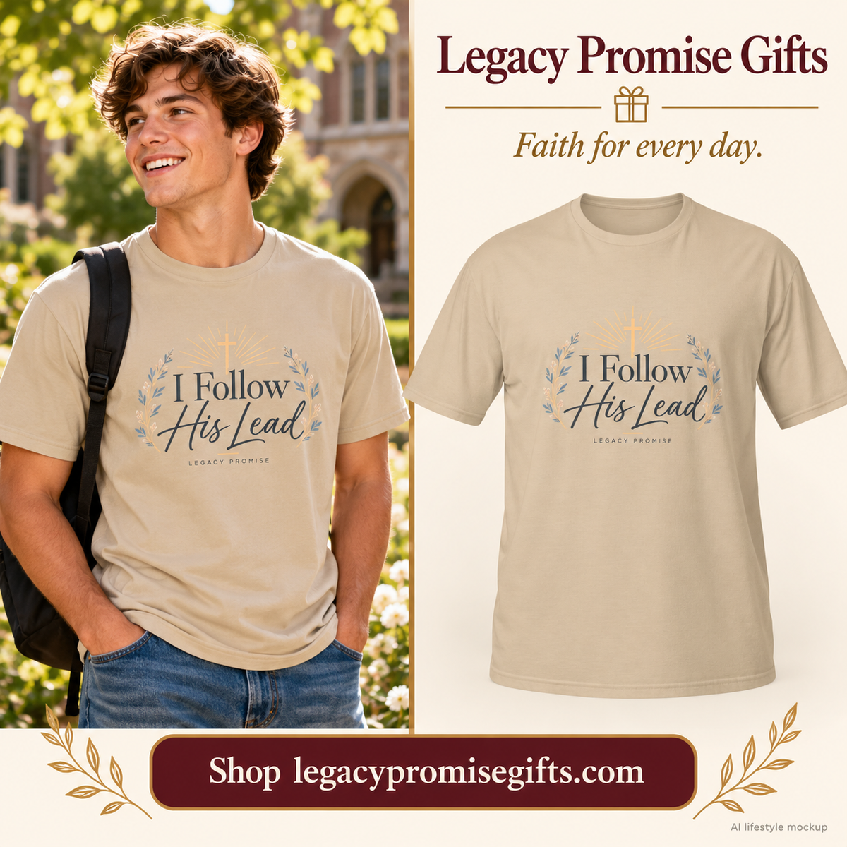AI lifestyle mockup beside matching I Follow His Lead — Botanical Tee product photo