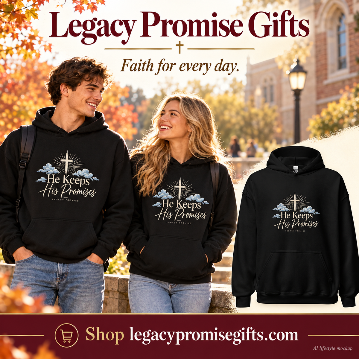 AI lifestyle mockup of male and female models wearing the He Keeps His Promises Cloud Hoodie beside its product photo