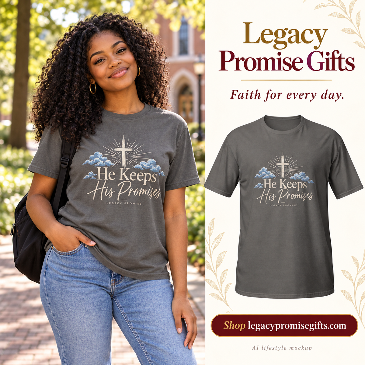 AI lifestyle mockup of He Keeps His Promises Cloud Tee beside the matching product photo