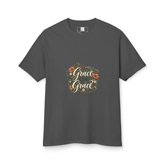 Faded black tee with cream Grace lettering and floral artwork, front view